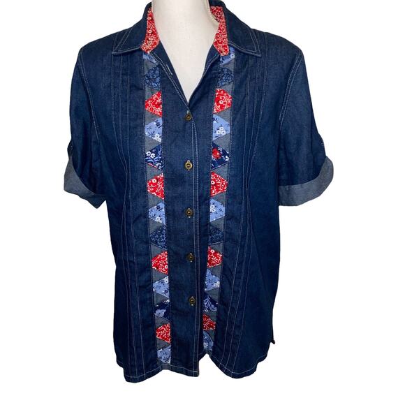 Vintage 80s Denim Patchwork Red White Blue Patriotic 4th of July Blouse, Medium - Picture 1 of 6